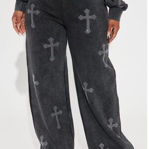 Fashion Nova Charcoal Rhinestone Cross Pants